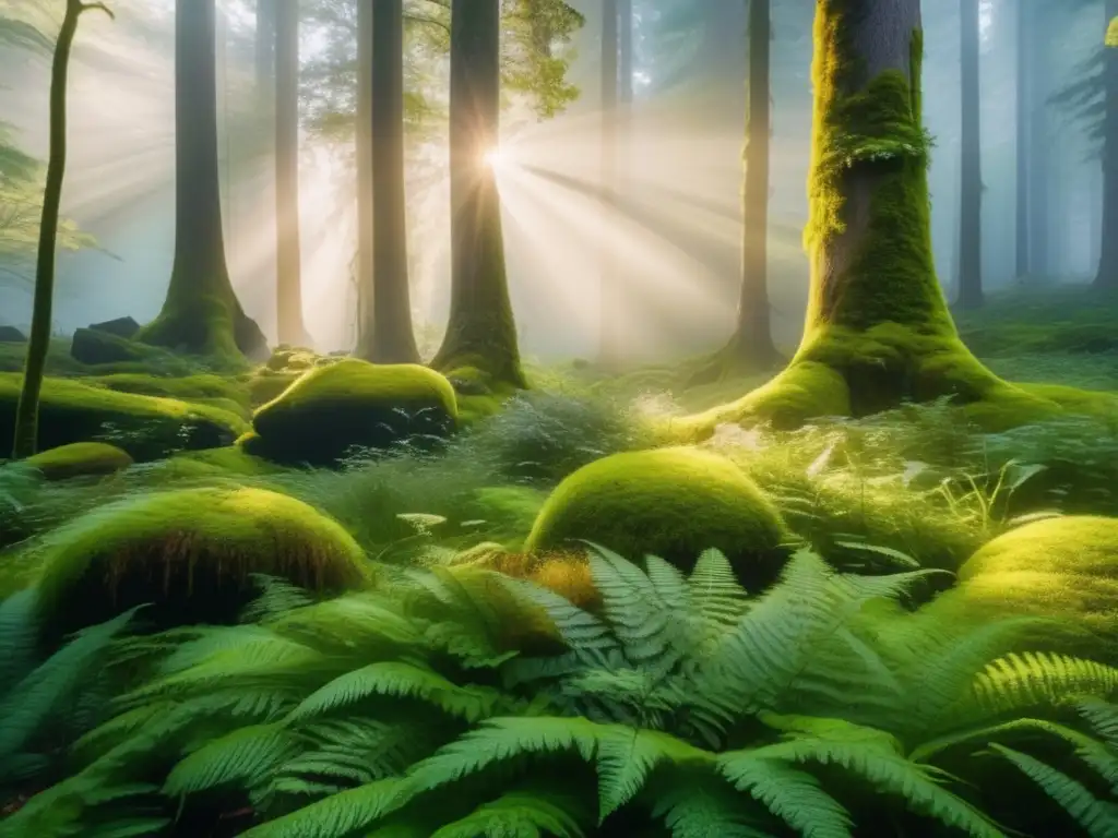 Senderismo y camping en la naturaleza ancestral: Un bosque sereno al amanecer, con árboles antiguos, luz dorada y un círculo de piedras