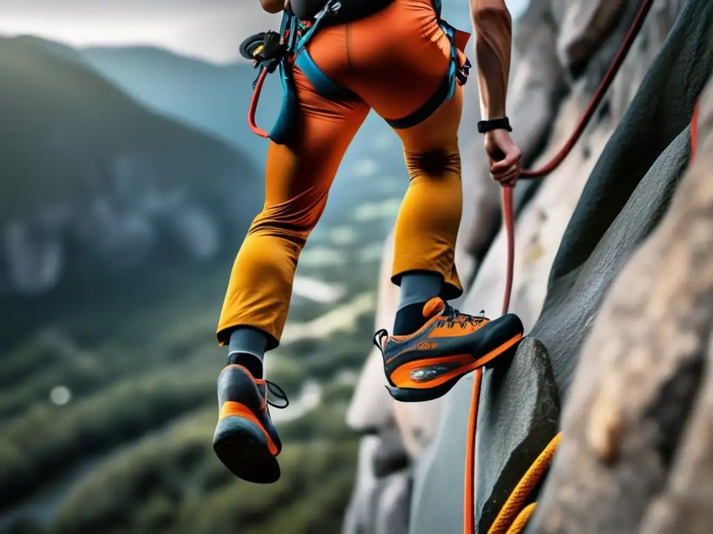 Técnicas de escalada en roca: Imagen impresionante de un escalador suspendido en el aire, mostrando una técnica y equilibrio impecables