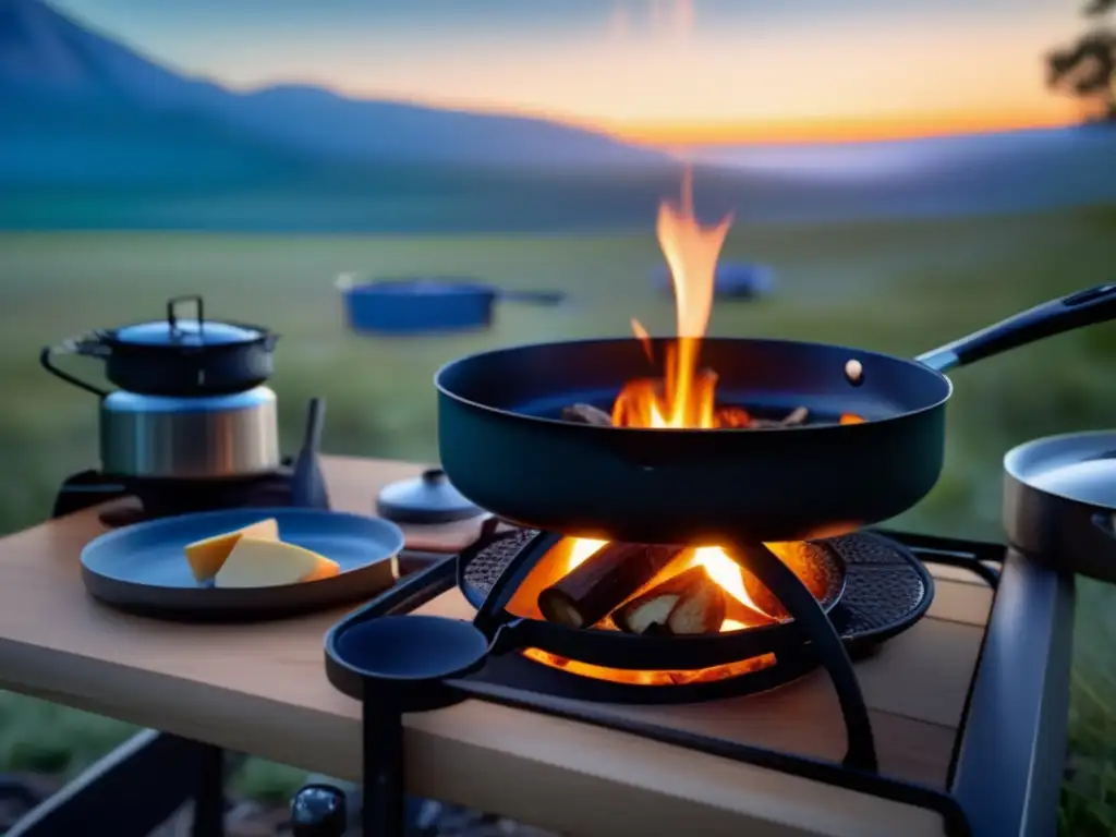 Utensilios de camping para cocinar al aire libre en una escena de camping al atardecer