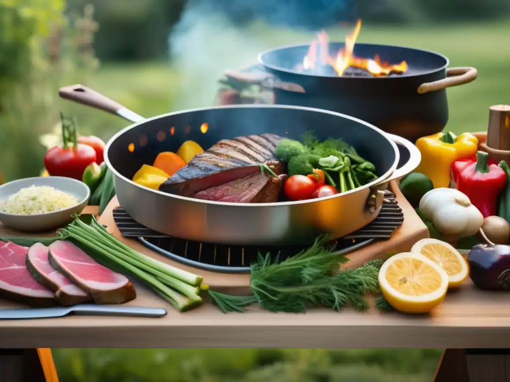 Escena de cocina al aire libre: Recetas de cocina al aire libre en una mesa de madera rústica junto a una fogata