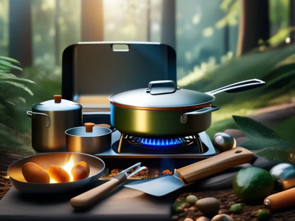 Utensilios de camping para cocinar al aire libre en un entorno natural, evocando aventura, tranquilidad y delicias culinarias