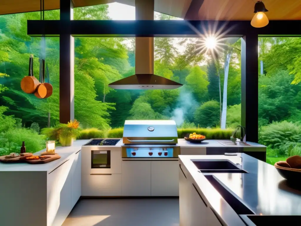 Cocina al aire libre en un bosque encantador, rodeado de árboles altos y vegetación verde, con un chef preparando una deliciosa comida