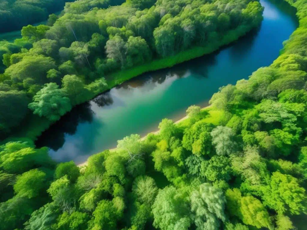 Vista aérea de un frondoso bosque verde con un río, cocina al aire libre y preparación de carnes a la parrilla