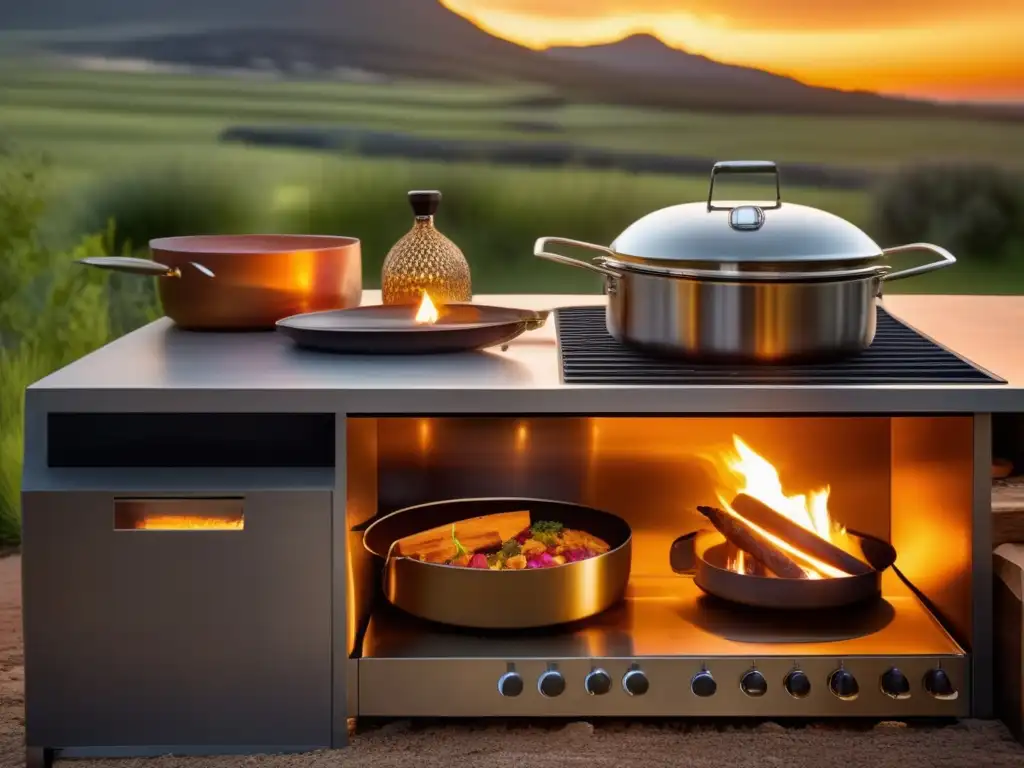 Paisaje dorado al atardecer con cocina al aire libre y recetas de cocina para camping extremo