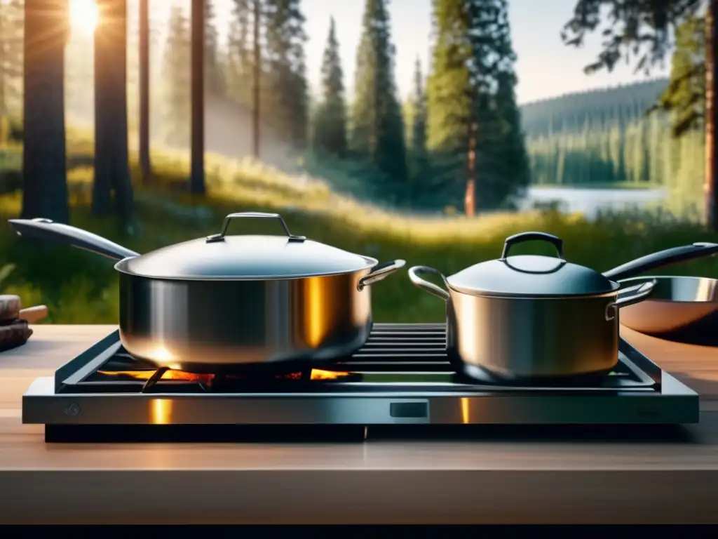 Cocina de campamento organizada con utensilios, alimentos frescos y errores comunes en conservación de alimentos en campamentos