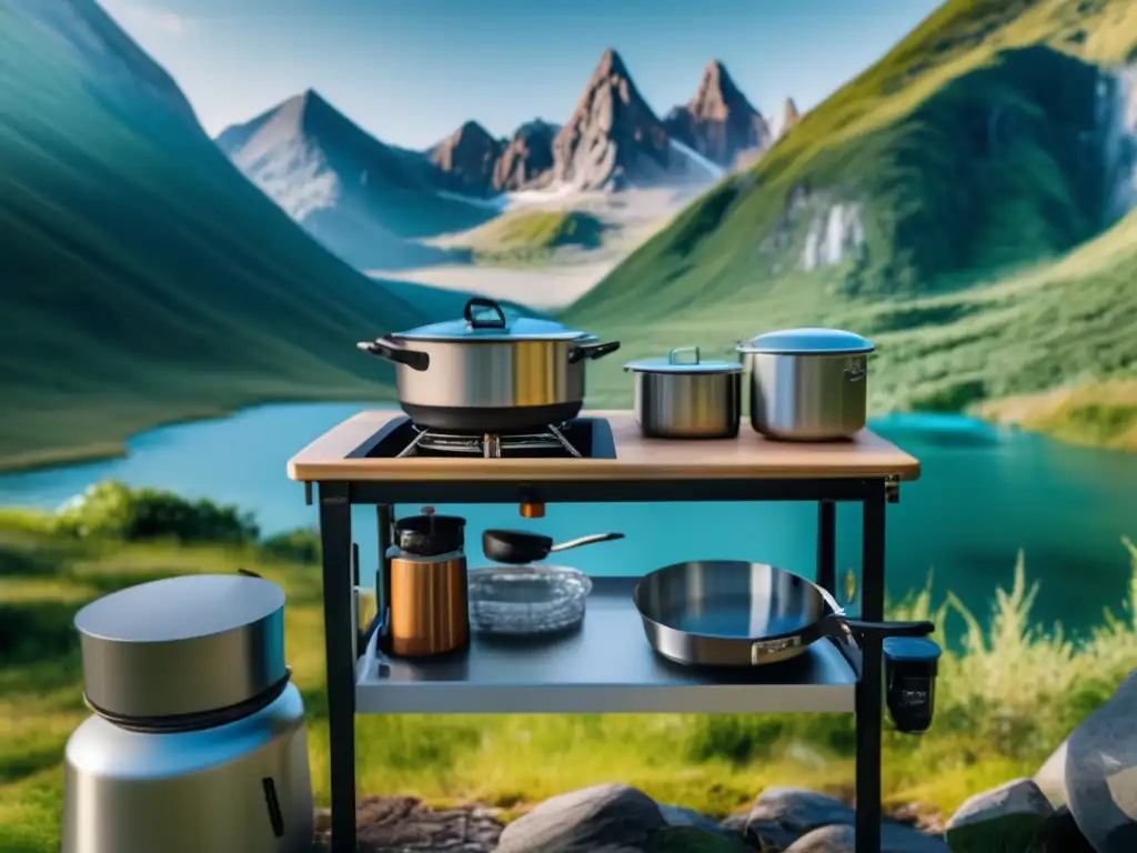 Cocina de camping en la montaña con recetas y utensilios eficientes