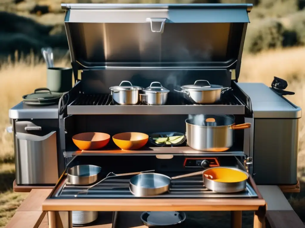 Utensilios de camping para cocinar al aire libre en una cocina moderna de acero inoxidable, rodeada de naturaleza y montañas