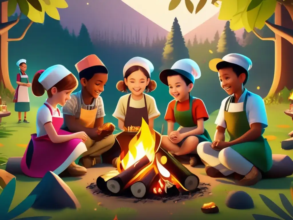 Actividades de cocina divertidas en campamento para niños en un bosque luminoso, con ingredientes frescos y niños felices