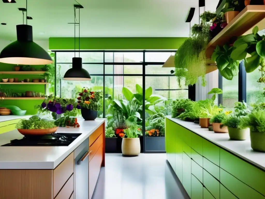 Cocina vibrante con plantas comestibles para aventurero culinario