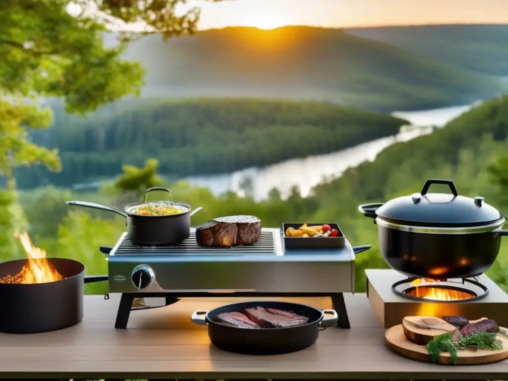 Cocina gourmet en camping: preparación de alimentos en un escenario natural de ensueño