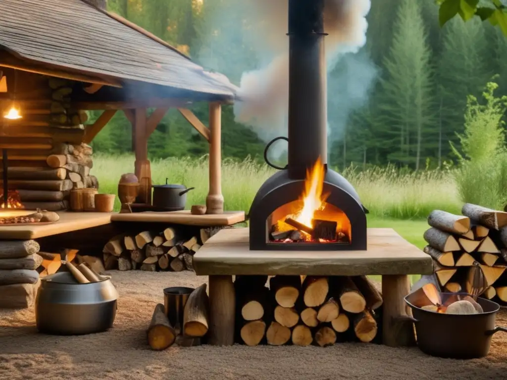 Cocina al aire libre con fuego de leña, chef, utensilios de cocina y estética moderna