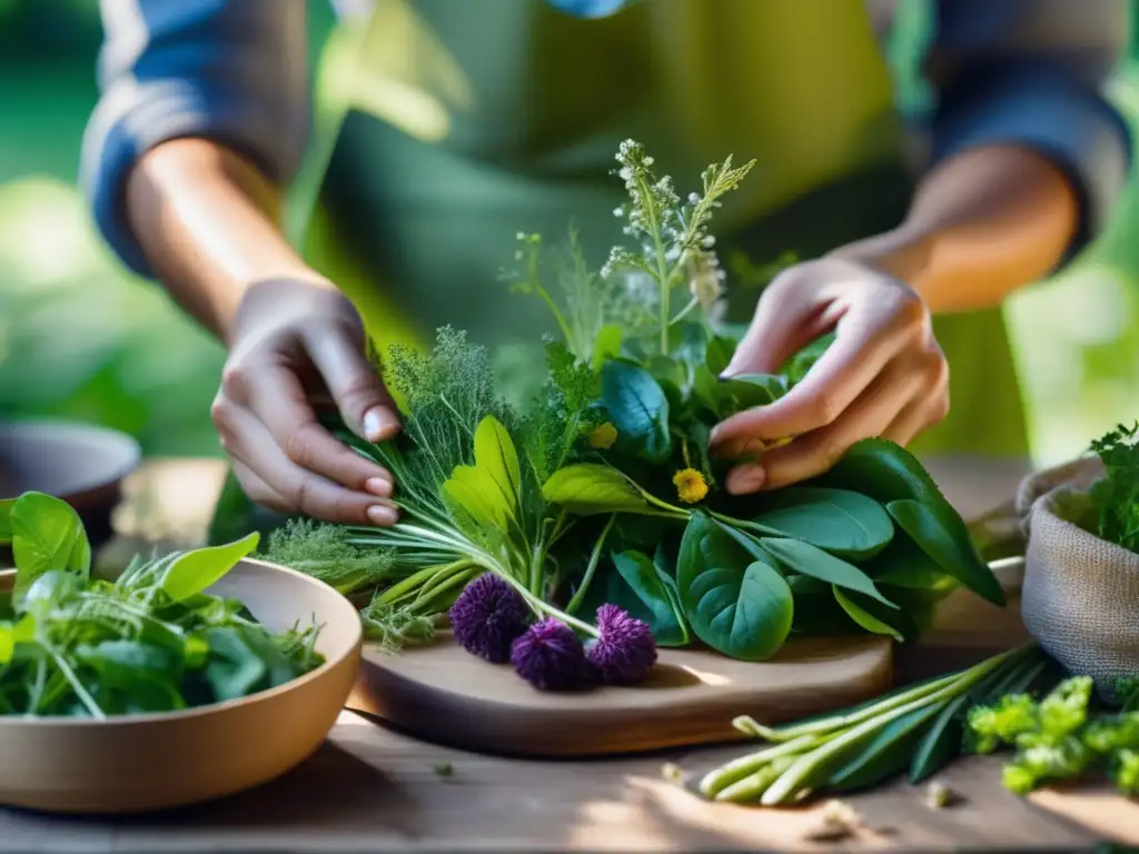 Recetas de cocina salvaje con plantas comestibles en un entorno natural vibrante y misterioso