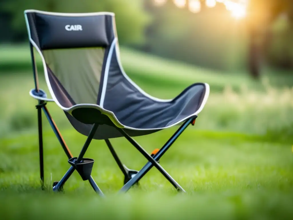 Innovaciones mobiliario acampada naturaleza: Silla camping elegante en campo verde, rodeada de naturaleza serena y lago tranquilo