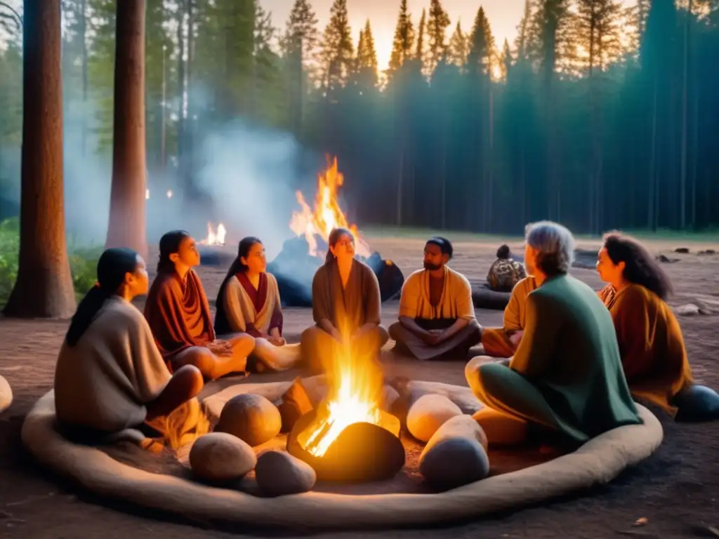 Técnicas ancestrales de acampada: Campamento espiritual rodeado de naturaleza, con fogata, individuos en túnicas terrosas y bosque misterioso