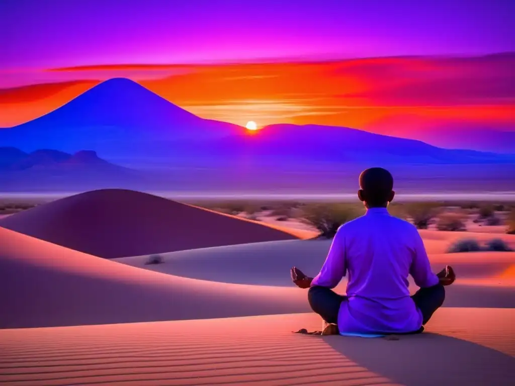 Meditación en el desierto: conexión profunda, paisaje misterioso con figura meditando