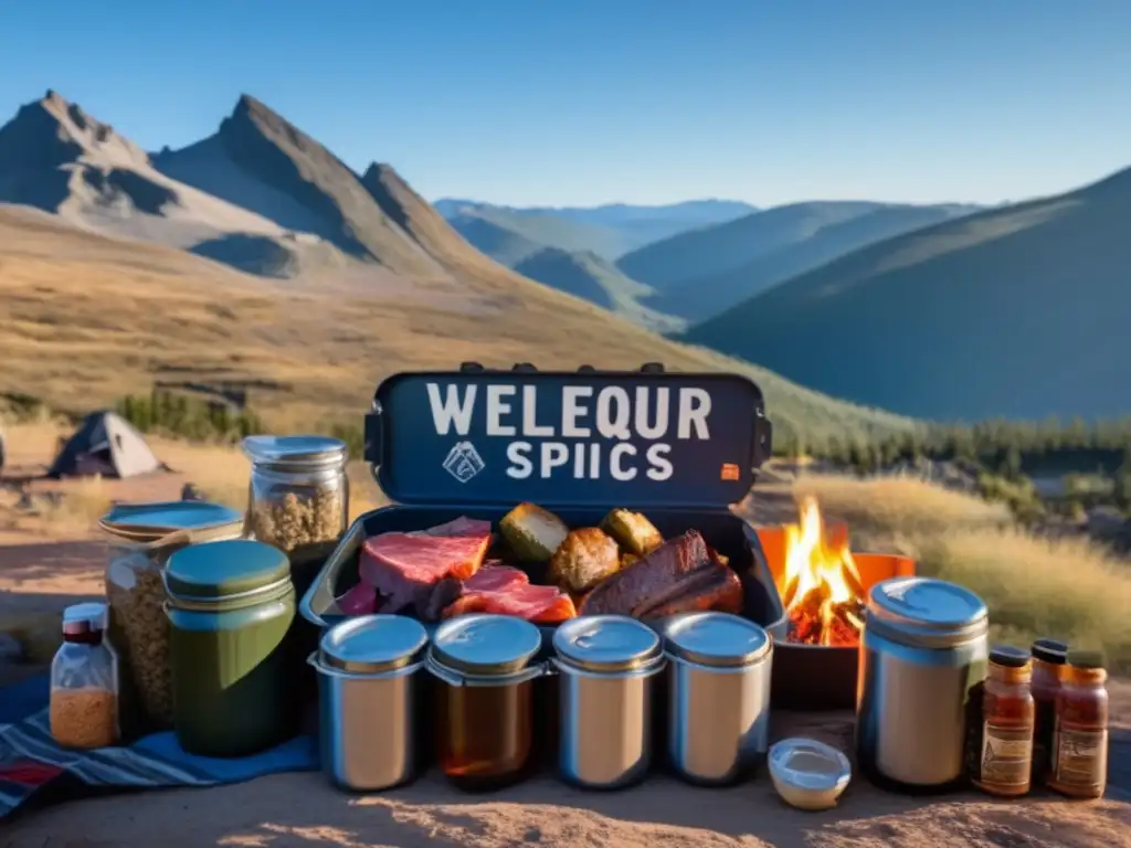 Técnicas de conservación de carnes en senderismo: Hiker preparado con alimentos etiquetados y fecha, rodeado de paisaje montañoso y camping pintoresco