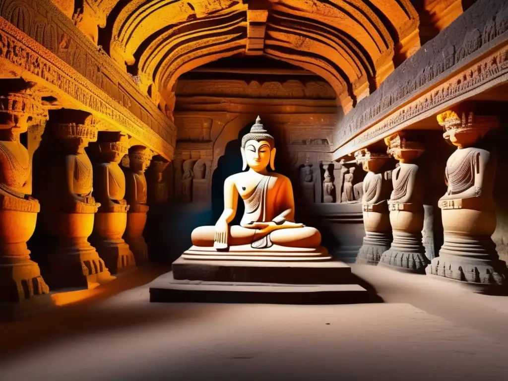 Exploración de cuevas en India: Majestuosa imagen 8k ultradetallada de las cuevas Ajanta y Ellora, con luz natural filtrada y estatua de Buda