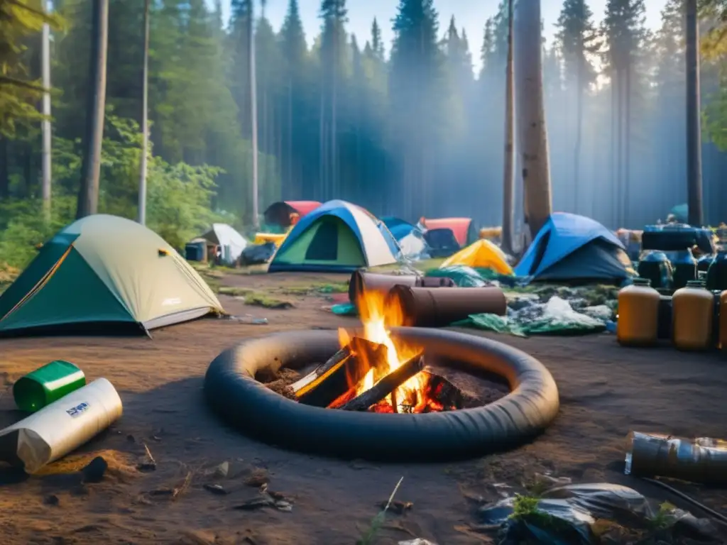 Impacto camping calidad suelo: Campamento irresponsable contamina y degrada suelo, mostrando efectos negativos en la naturaleza