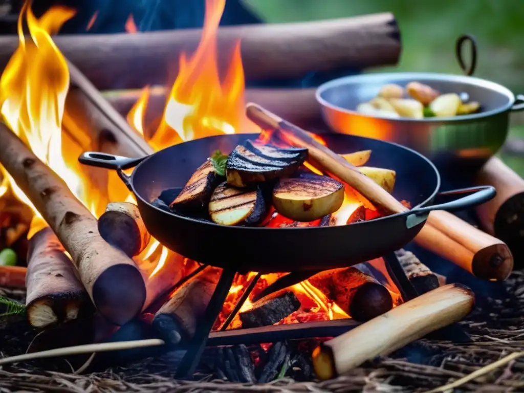 Preparación segura alimentos acampadas: Fogata en el bosque con brochetas, papas asadas y sopa de verduras