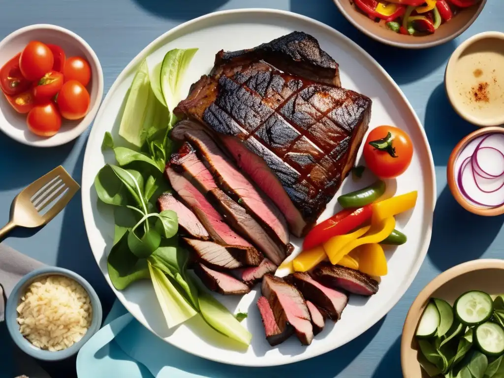 Escena de camping al atardecer con comida: Steak a la parrilla, ensalada fresca, frutas secas y nueces