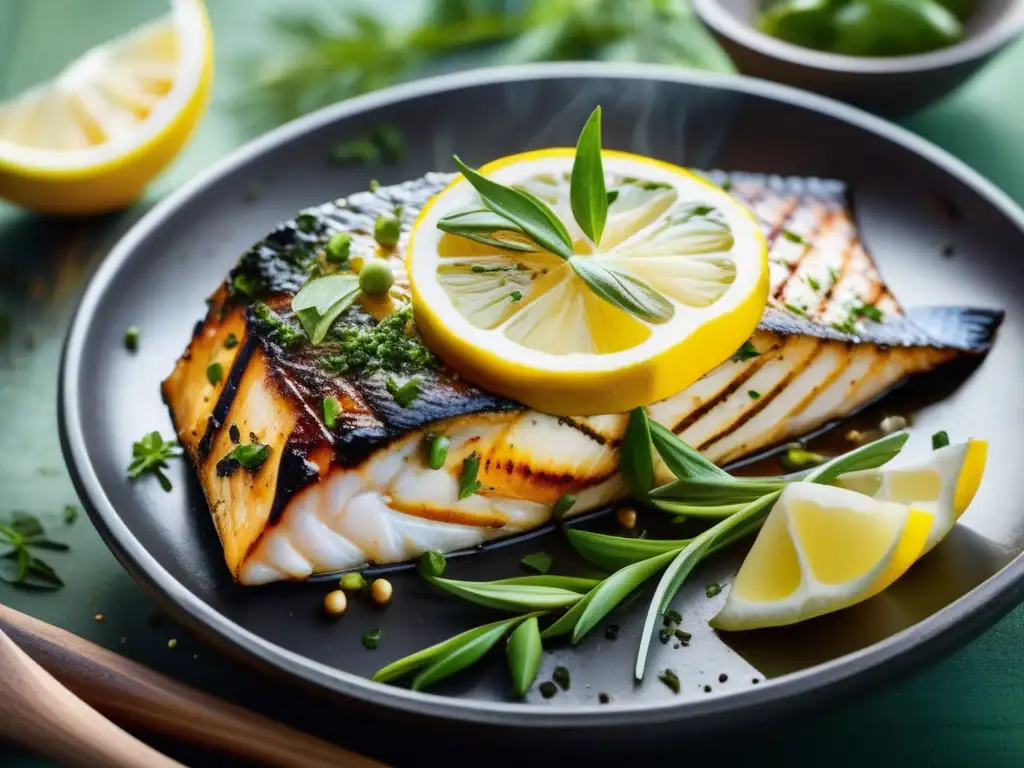 Receta de pescado al aire libre: Filete de pescado a la parrilla perfectamente cocido, con limón fresco y hierbas fragantes