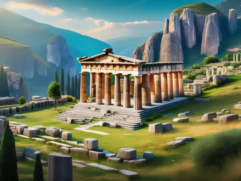 Encanto acampada antiguo santuario Delphi: majestuosos restos del templo de Apolo y paisaje pintoresco