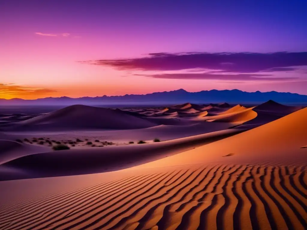 Paisaje desértico al atardecer con figura solitaria orientándose en zonas desérticas