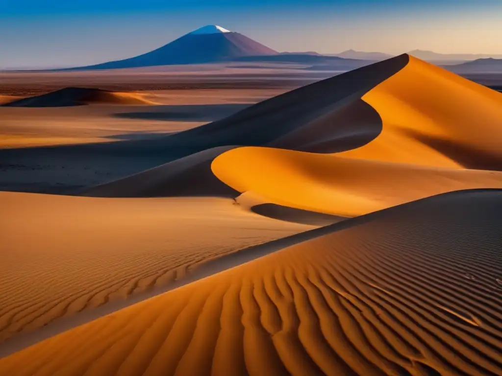 Guía de acampada en el Desierto de Atacama: paisaje impresionante de dunas y formaciones rocosas, con un sol radiante y un caminante solitario