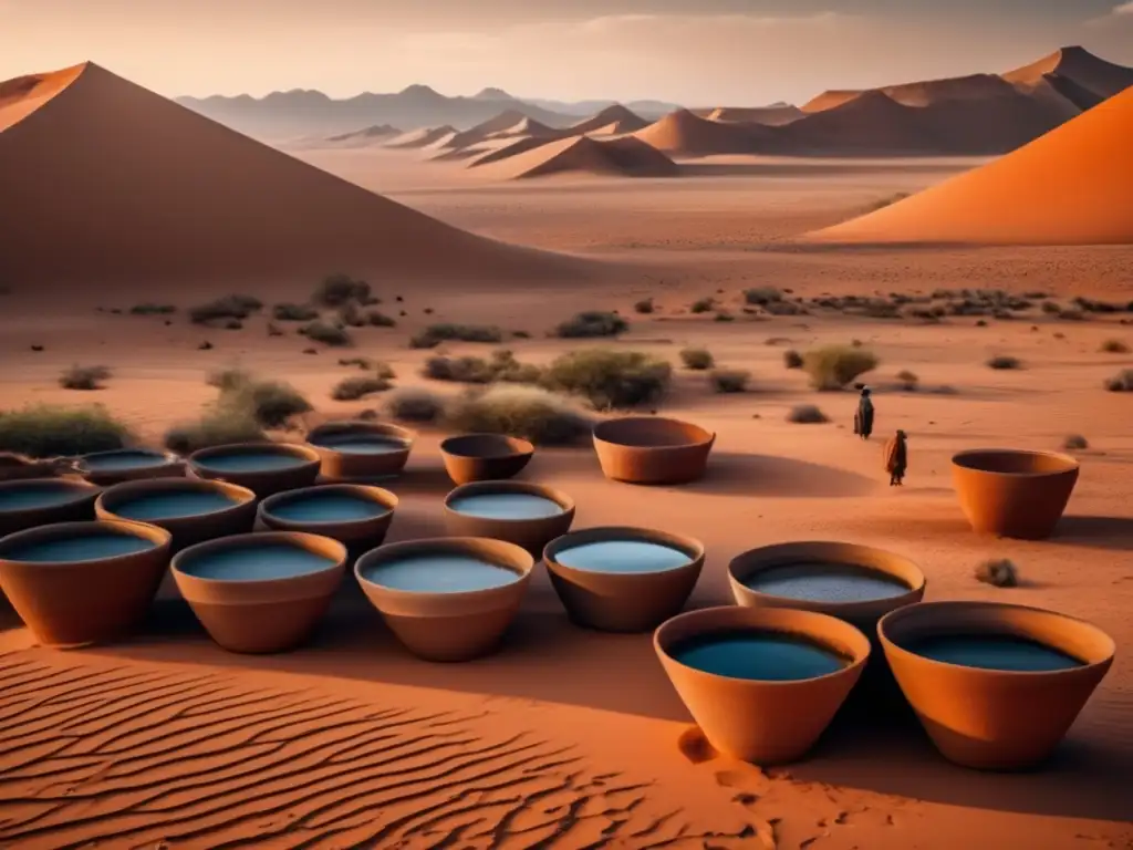 Técnicas de supervivencia en desierto: Figura solitaria cuidando sistema de recolección de agua en paisaje árido