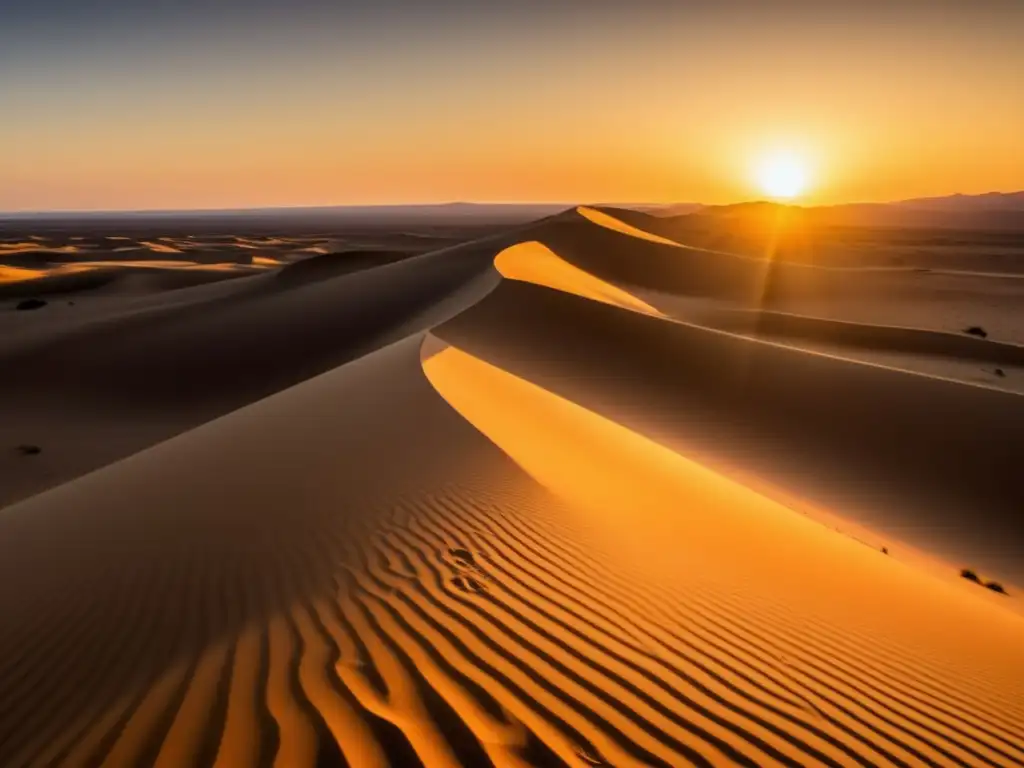 Paisaje desértico con duna esculpida y figura indígena buscando, evocando habilidades ancestrales