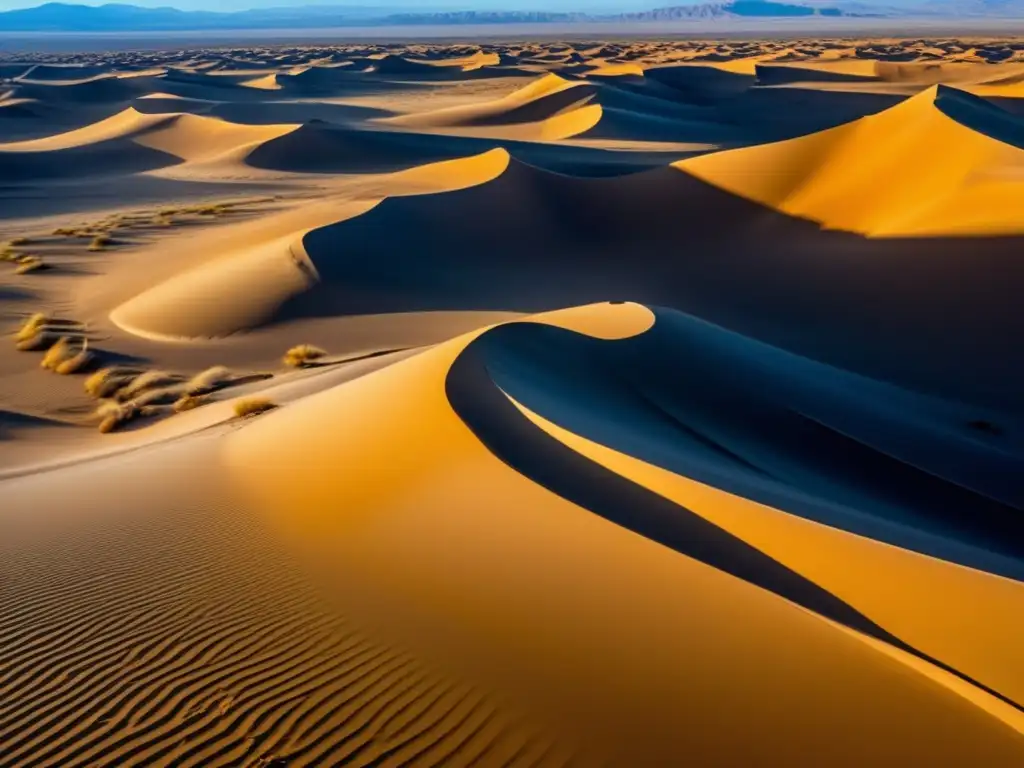 Vista aérea impresionante de un desierto árido con dunas de arena dorada y formaciones rocosas en la distancia