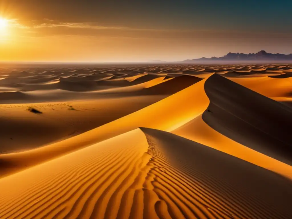 Paisaje desértico con dunas de arena dorada y figura solitaria - Orientación en zonas desérticas