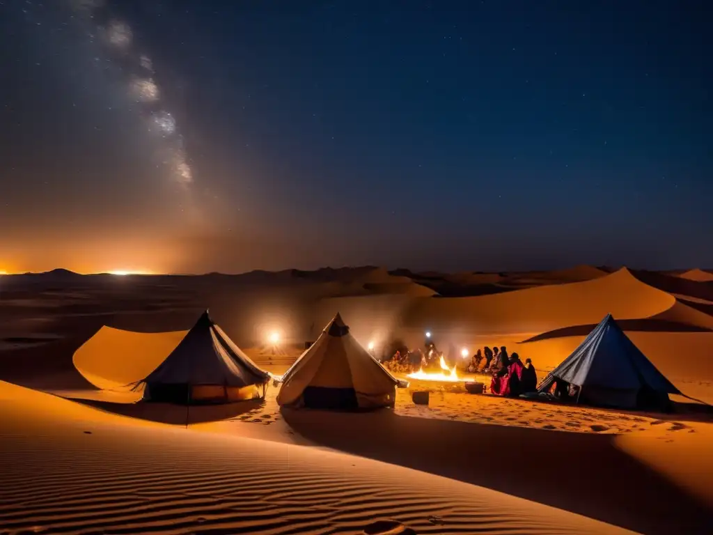 Técnicas acampada indígenas desierto Sahara: noche estrellada, arena dorada, fuego tradicional, misterio y tradición