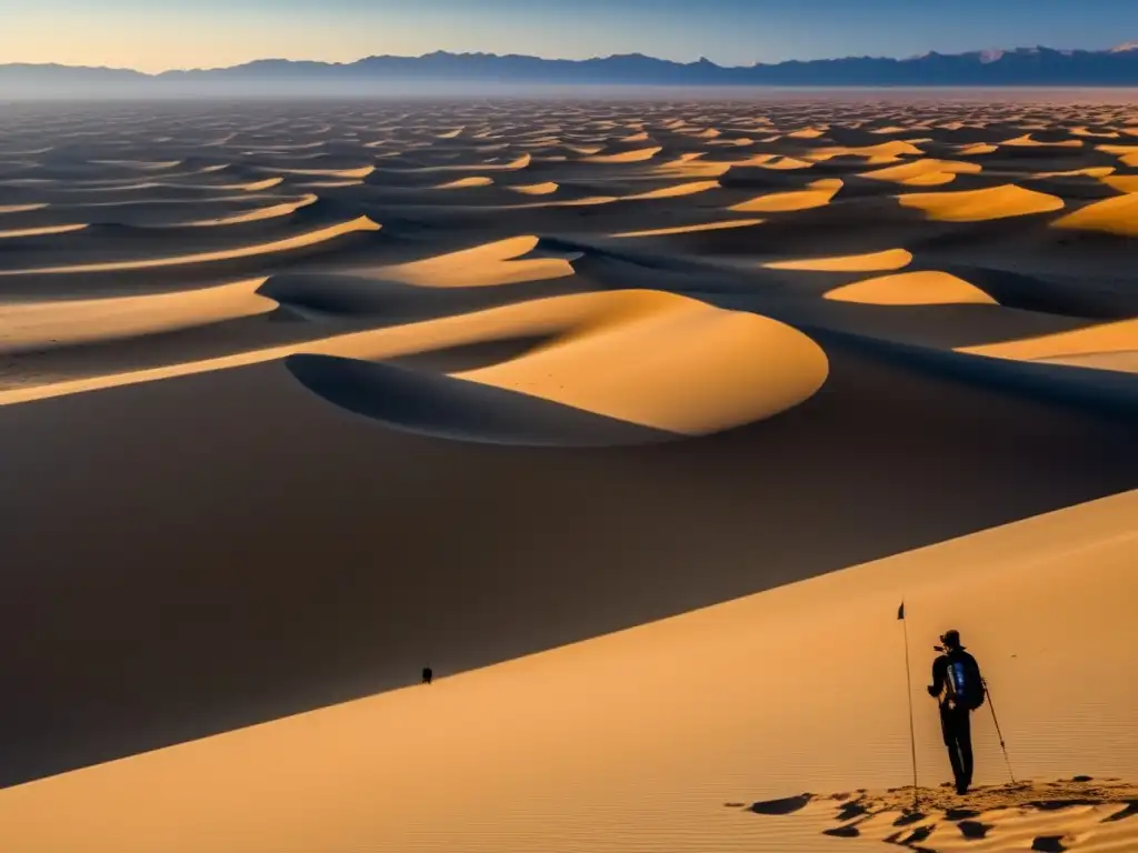 Técnicas de supervivencia en desierto: paisaje desértico con dunas de arena dorada, figura solitaria estudiando mapa y brújula, estrellas emergiendo