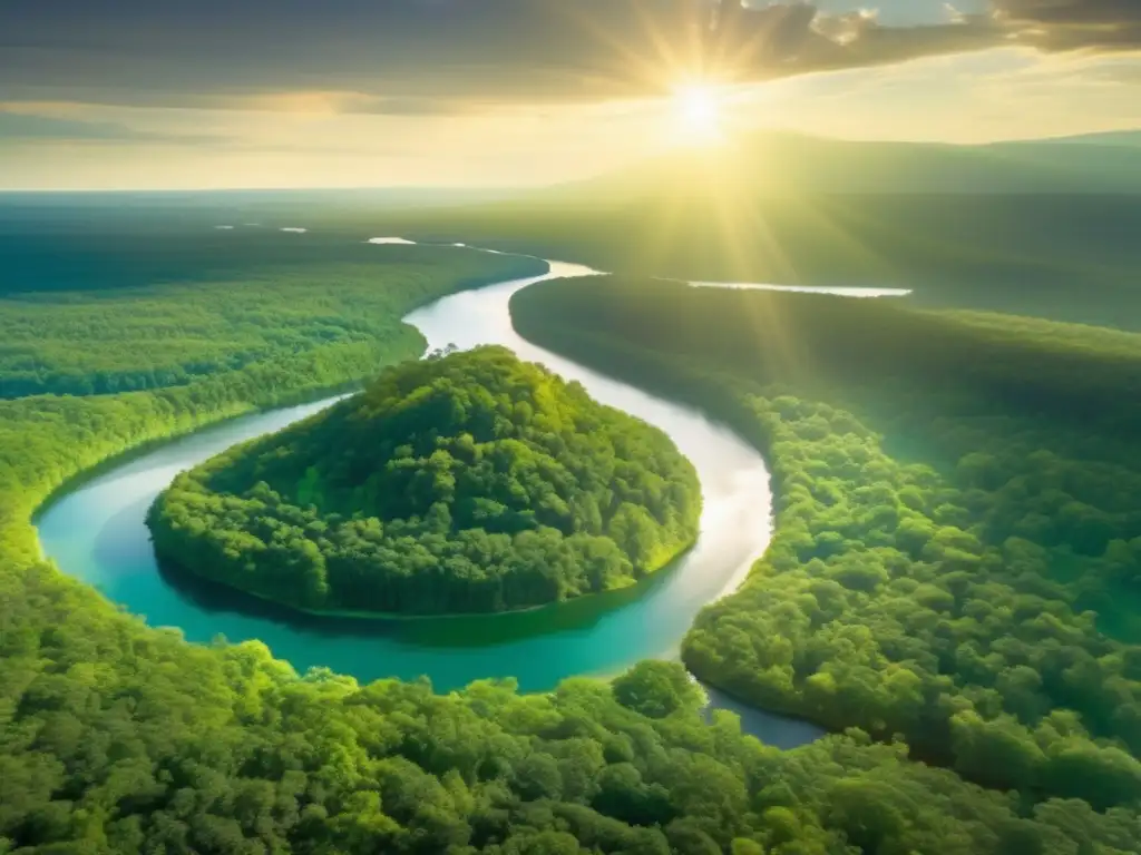 Descubriendo lugares sagrados indios Iroqueses: Vista aérea impresionante de un exuberante bosque verde con un río serpenteante