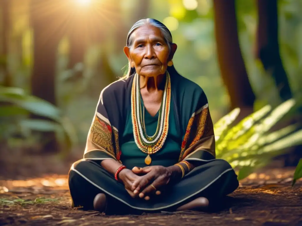 Conexión tradiciones indígenas naturaleza: Sabio indígena en la selva ancestral rodeado de flora, fauna y cascada sagrada