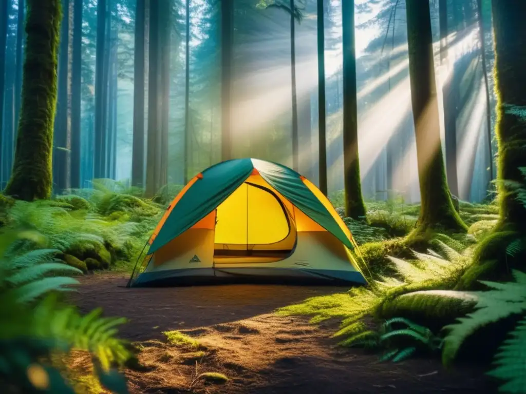 Bosque denso al atardecer, con rayos dorados y tienda de camping: Beneficios del camping para la conservación ambiental