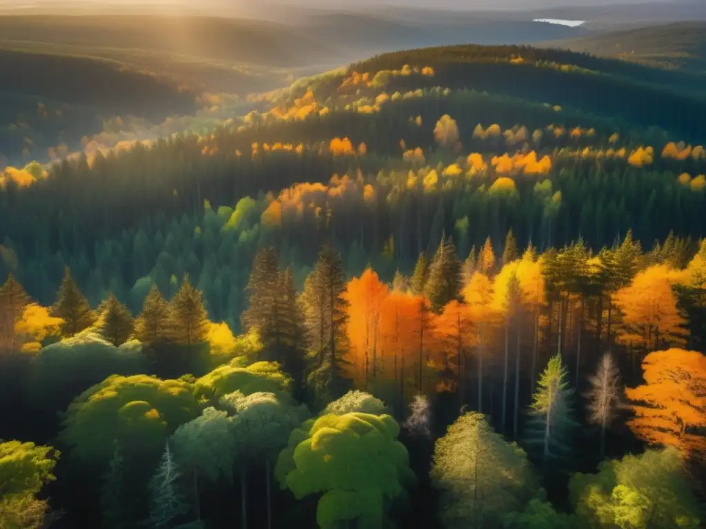 Vista aérea cautivante de un denso bosque al atardecer