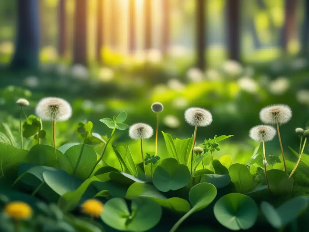 Plantas comestibles en bosque lleno de vida