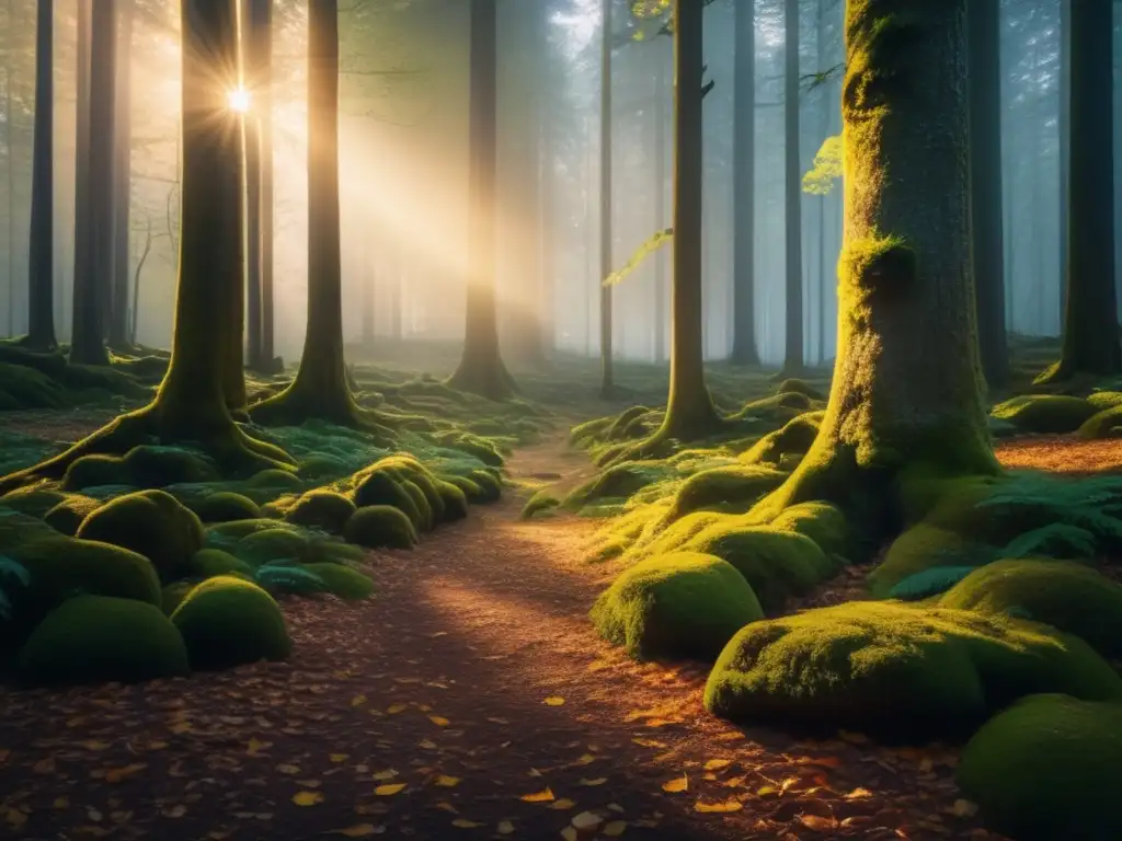 Impacto del camping en ecosistemas forestales: imagen 8K impresionante de un bosque denso al atardecer