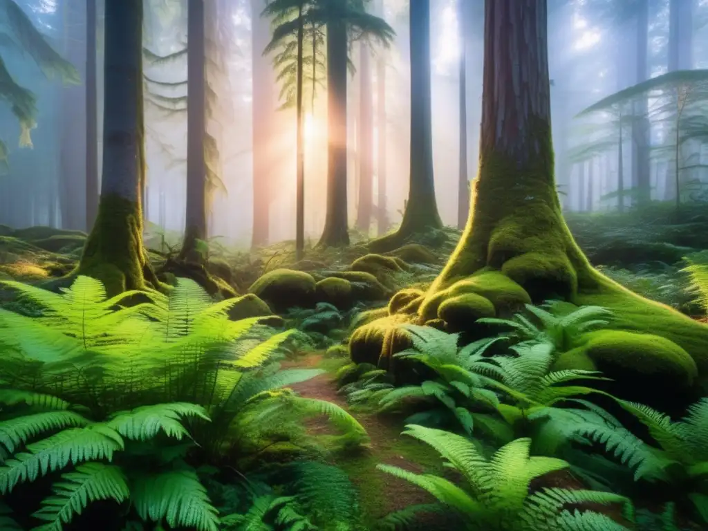 Campismo sostenible en la naturaleza: Bosque mágico al atardecer, con árboles altos, musgo vibrante y rayos de luz filtrándose