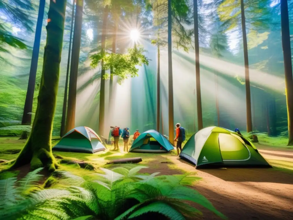 Bosque verde y majestuoso con acampada ecológica y reforestación