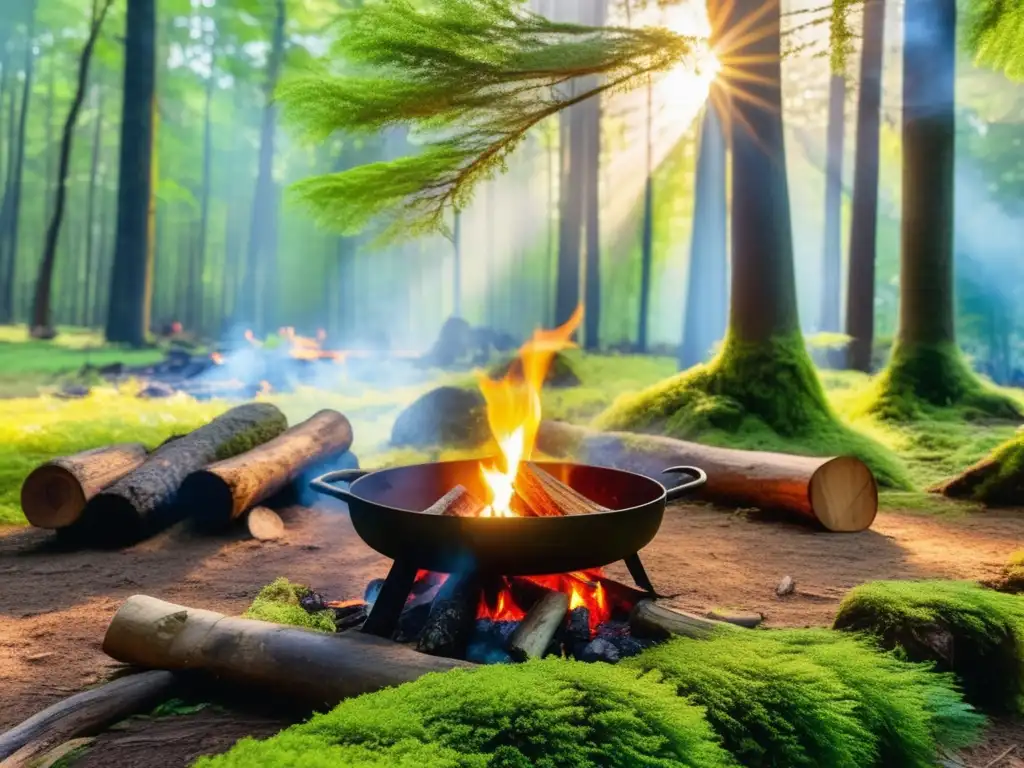 Recetas de cocina al aire libre: Una imagen impresionante de un claro sereno en el bosque, rodeado de altos árboles con hojas verde vibrante