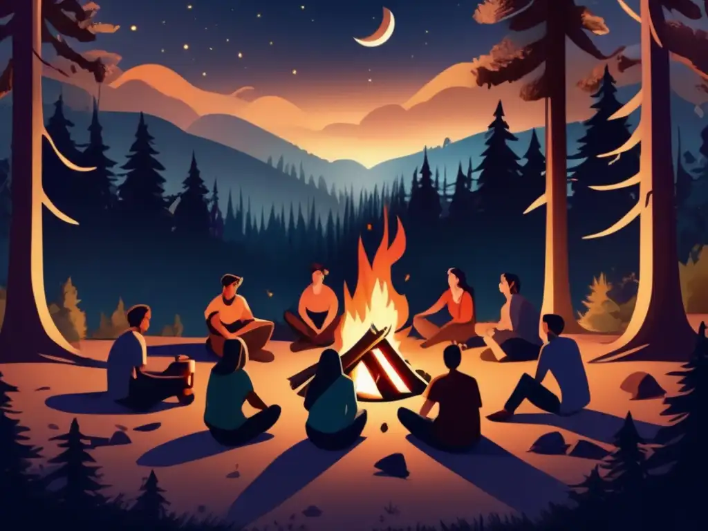 Grupo disfrutando de historias misteriosas de la Luna Llena en un campamento forestal