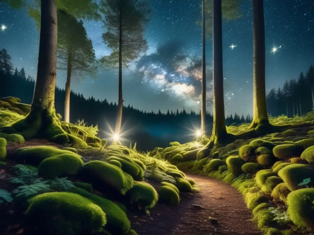 Fotografía nocturna en la naturaleza guía: Bosque místico iluminado por la luna, árboles altos y estrellas brillantes