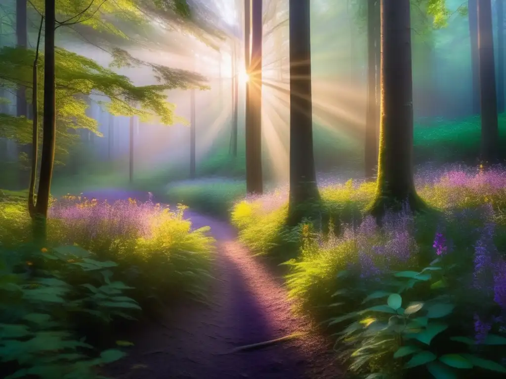 Un bosque encantador y misterioso al atardecer, con rayos dorados y flores silvestres en tonos morados y naranjas