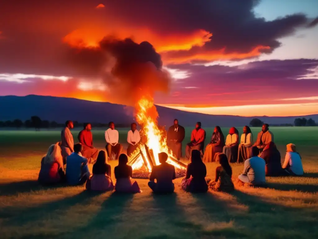 Ritual con música al aire libre: un atardecer vibrante y místico en un campo abierto, con personas reunidas alrededor de un fuego sagrado