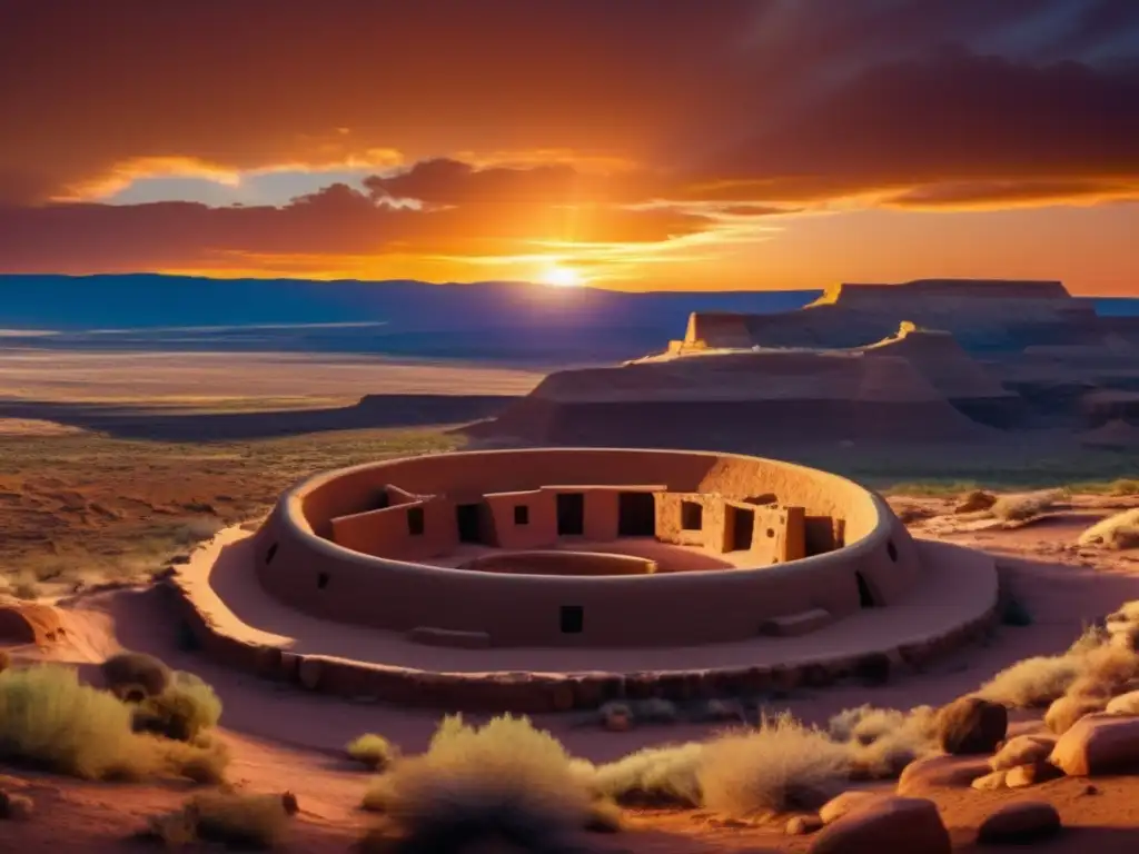 Senderismo y camping en cultura Hopi: Kiva sagrado y paisaje místico al atardecer en desierto de Arizona