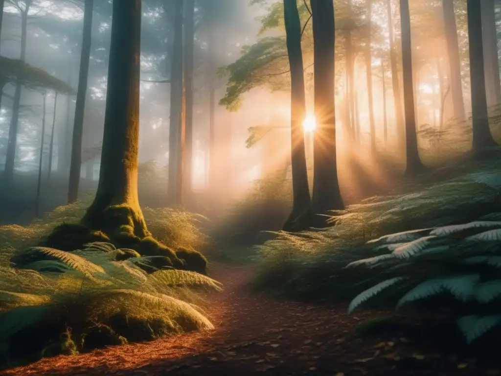 Un bosque denso al atardecer, envuelto en niebla, con árboles majestuosos, sendero y montañas distantes