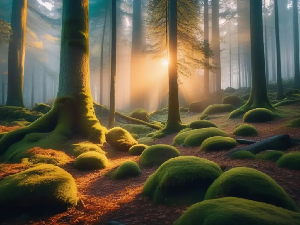 Misterios ocultos en un bosque protegido al atardecer, con árboles, musgo, cascada y luz dorada